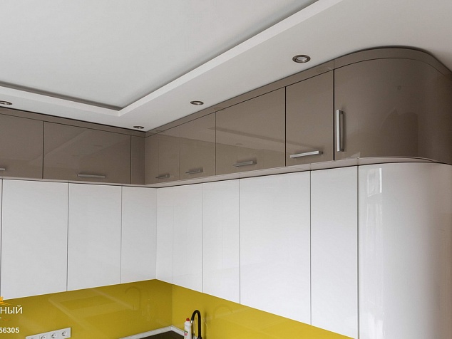 Двухцветная кухня с двумя рядами верхних шкафов