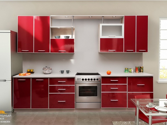Красная лаконичная кухня с белой отделкой и подсветкой фото с ценой. Мебельный уют.